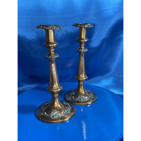 Antique Pair of Copper and Pewter Tall Candlestick Holders - Picture 4 of 8